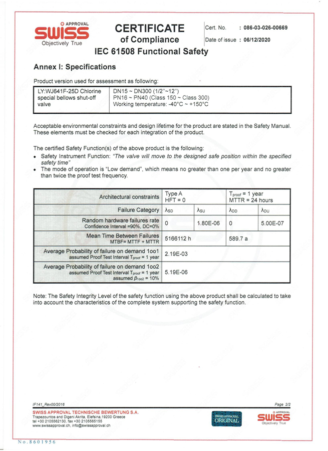 SIL認(rèn)證證書-液氯專用波紋管切斷閥2